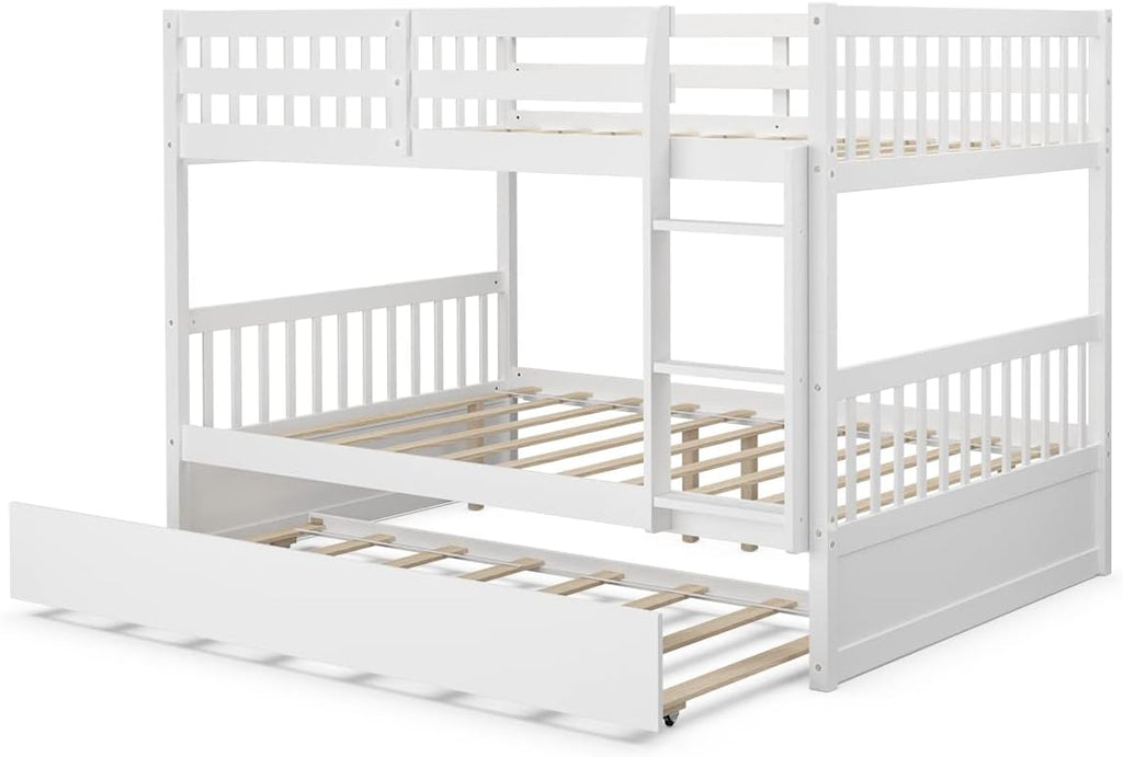KOMFOTT Wood Full Over Full Bunk Bed with Trundle, Full Bed Frame with Ladder, Solid Wood Frame & Safety Guardrails, Space-Saving Bunk Bed for Teens & Adults, No Box Spring Needed