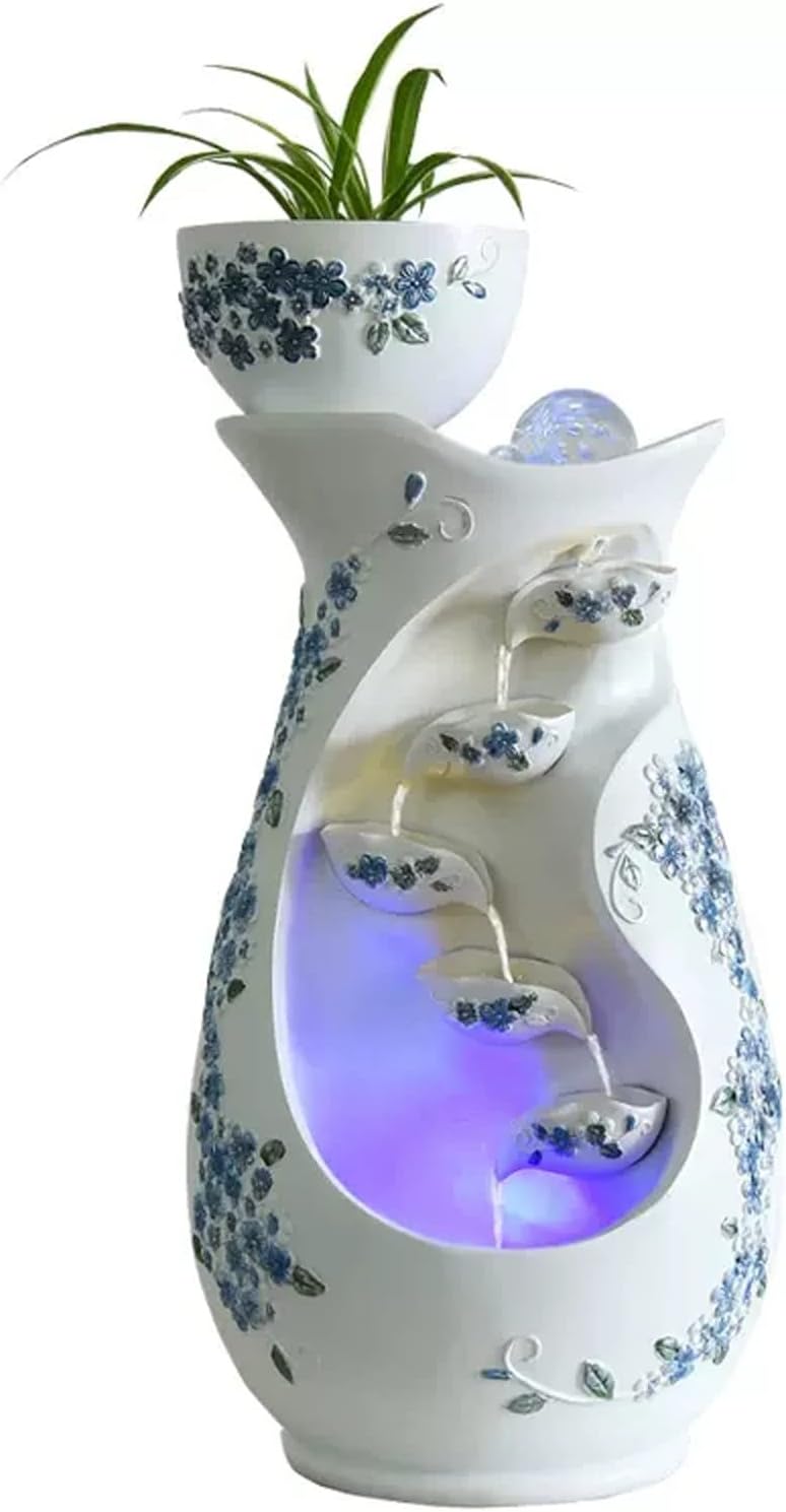 Tabletop Fountain Indoor Desktop Tabletop Water Fountain White Background Blue Flower Tiered Resin Vase Pitchers Elegant Interior Feature Decorative for Home and Office(Large)