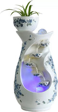 Tabletop Fountain Indoor Desktop Tabletop Water Fountain White Background Blue Flower Tiered Resin Vase Pitchers Elegant Interior Feature Decorative for Home and Office(Large)