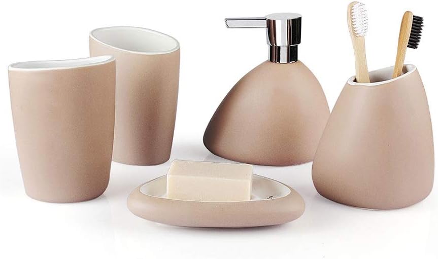 Soap Dispenser Bottles 5-Piece Ceramic Bathroom Soap Toothbrush Holder Soap Dispenser Household Soap Bathroom Accessories Countertop Lotion-Soap Bottles (Beige)
