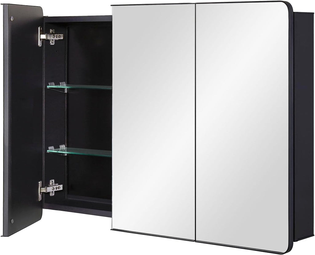 IDYLLOR Bathroom Mirror Medicine Cabinet with Round Corner Framed Door 36 x 26 inch, Black，Recessed or Surface Mount, with Adjustable Glass Shelves