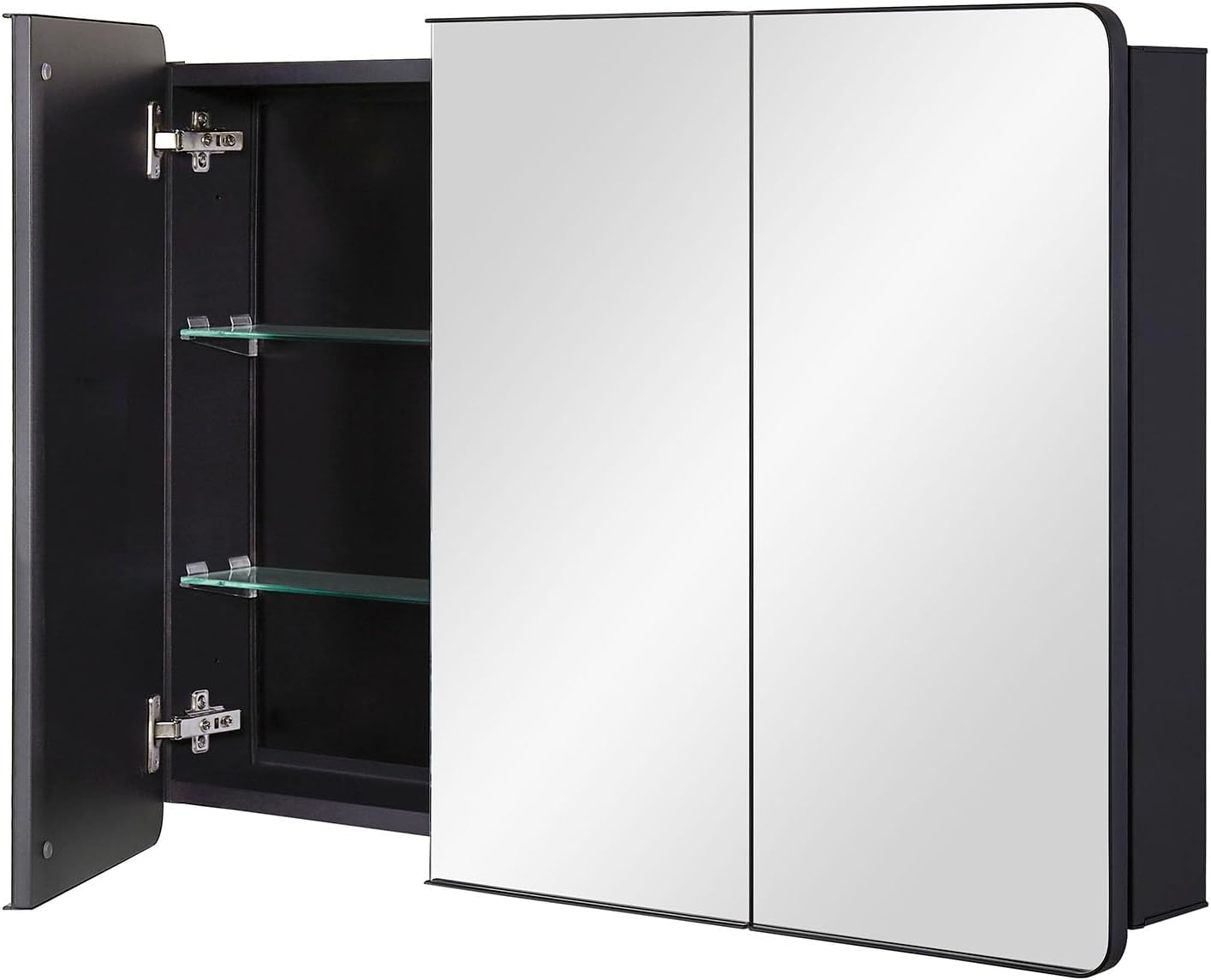 IDYLLOR Bathroom Mirror Medicine Cabinet with Round Corner Framed Door 36 x 26 inch, Black，Recessed or Surface Mount, with Adjustable Glass Shelves
