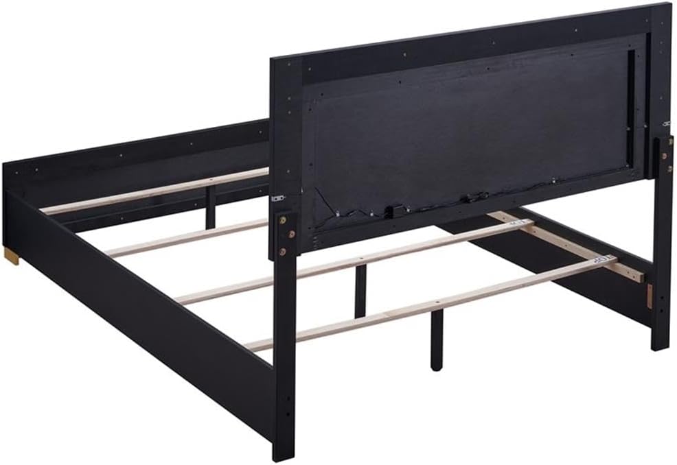 Pemberly Row 4-Piece Full Bedroom Set, Wood and Metal, Black and Gold Finish, LED Lighting Headboard, Dresser with Mirror, Nightstand, Contemporary Design, Storage Furniture for Modern Bedrooms