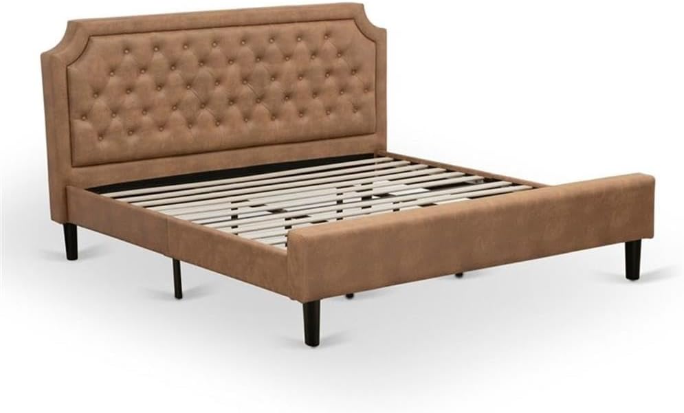 East West Furniture GB28K-1DE07 2-Pc Granbury King Size Bedroom set with Button Tufted Bed Frame and 1 Distressed Jacobean Mid Century Nightstand - Brown faux Leather with Brown Texture and Black Legs
