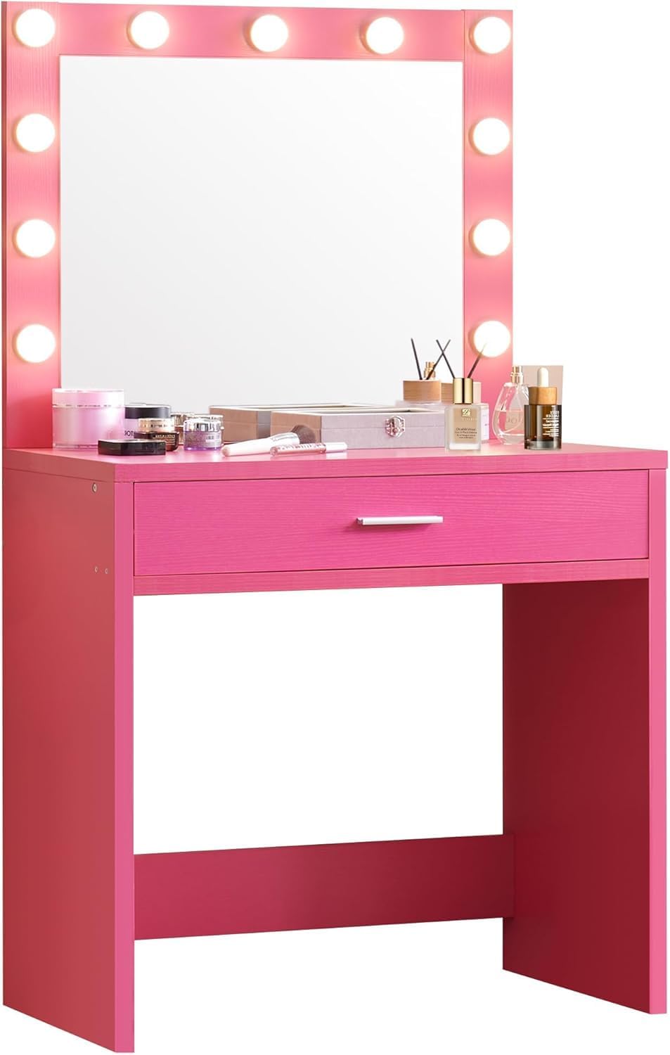 Palimder Vanity Desk with Lamp Bulb Mirror Drawers,Vanity Storage Bench,Makeup Vanities Table for Bedroom,Rose Red