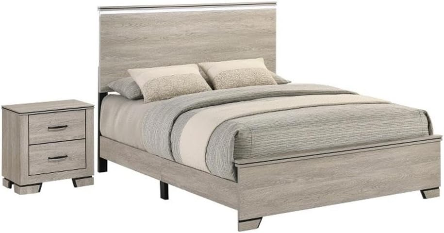 Best Quality Furniture Greige Rustic Oak Wood Bedroom Set with Charging Station and LED Lighting