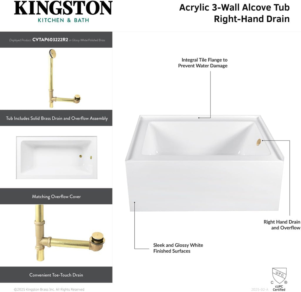 Aqua Eden CVTAP603222R7 60' Acrylic Rectangular 3-Wall Alcove Tub, Right Hand Drain, Glossy White/Brushed Brass