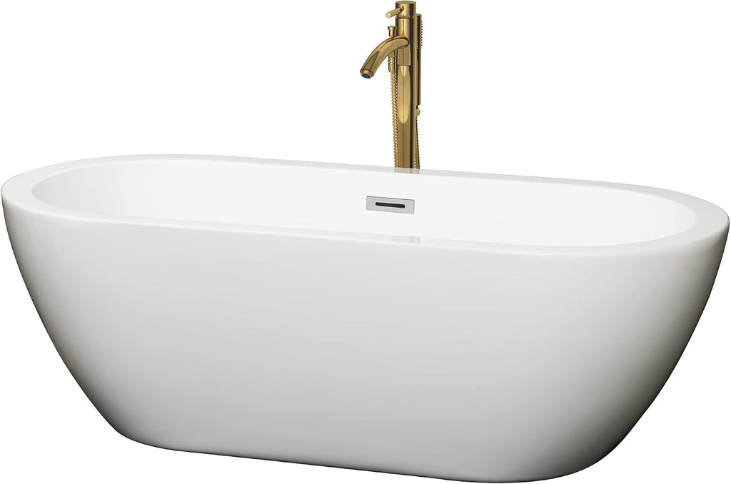 Soho 68 Inch Freestanding Bathtub in White with Polished Chrome Trim and Floor Mounted Faucet in Brushed Gold