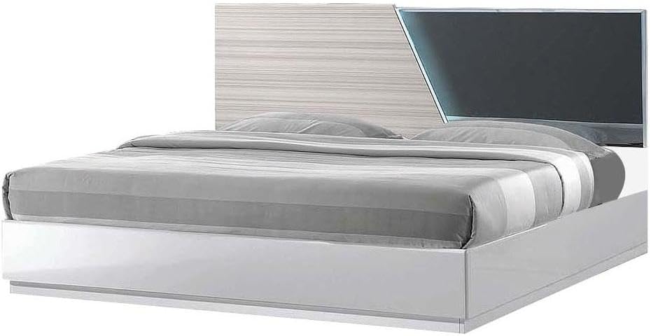 4-Piece Lacquer Wood Modern Bedroom Set, Queen Size Platform Bed with 2 Nightstand and TallBoy, LED Lighting, Zebra Gray