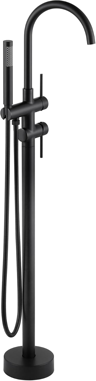 Freestanding Bathtub Faucet Matte Black: Floor Mount Tub Filler, High Flow Brass Shower Faucets with Handheld Sprayer for Bath