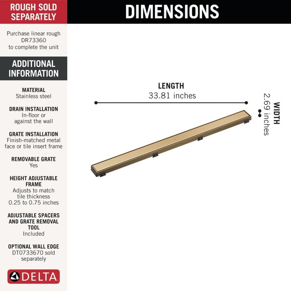 Delta Faucet 36-Inch Reversible Linear Shower Drain Trim in Champagne Bronze