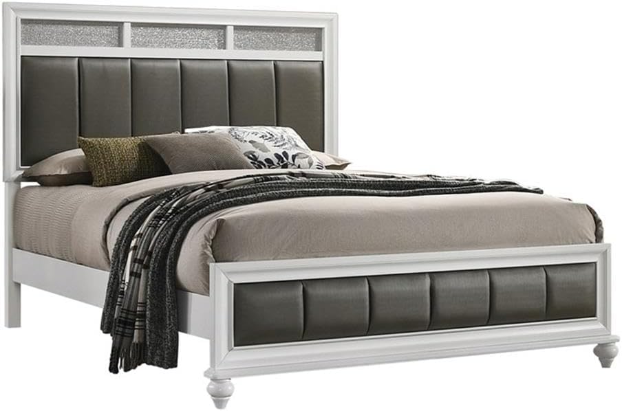 Pemberly Row 5-Piece Eastern King Wood Bedroom Set, White Finish with Gray Faux Leather Upholstery, Panel Bed, Nightstand, Dresser, Mirror, Chest, Glam Style for Transitional Bedroom Decor