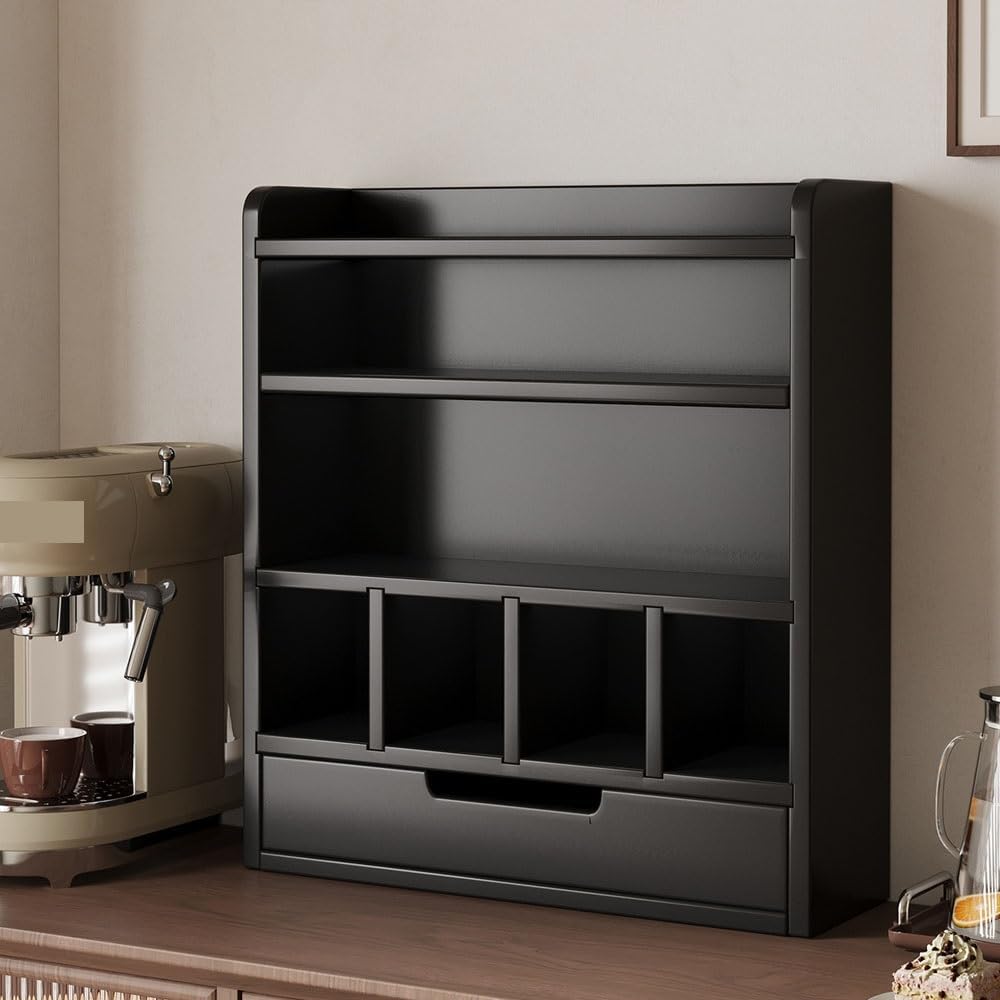 Soild Wood Coffee Cup Holder, 5-Tier Mug Holder with Drawers, Large Capacity Makeup Organizer, Countertop Organizer for Bathroom, Bedroom, Kitchen(Black)