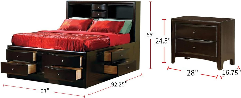 Coaster Home Furnishings Phoenix Transitional 4-Piece Queen Size Platform Bed Storage Bedroom Set Bookcase Headboard Cappuccino Brown 200409Q-S4