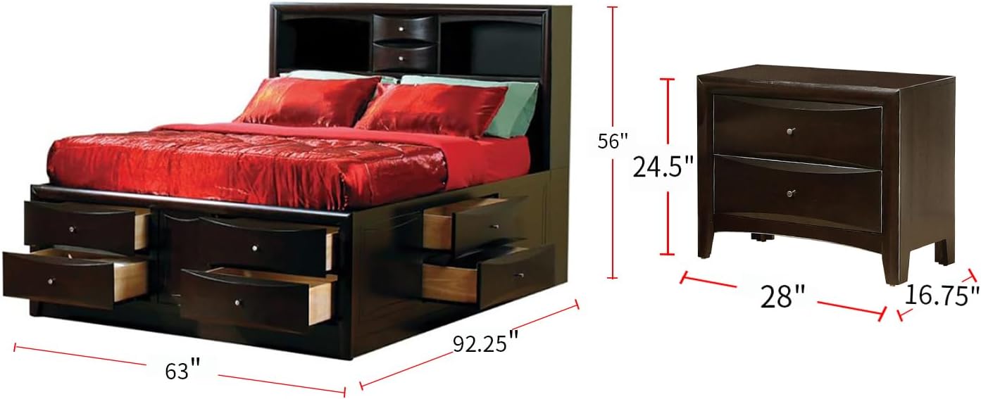 Coaster Home Furnishings Phoenix Transitional 4-Piece Queen Size Platform Bed Storage Bedroom Set Bookcase Headboard Cappuccino Brown 200409Q-S4