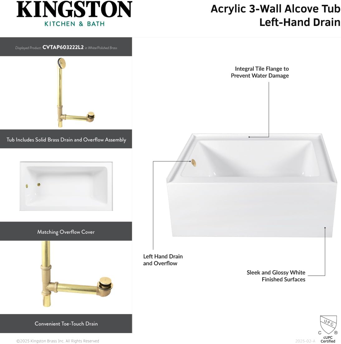 Aqua Eden CVTAP603222L7 60' Acrylic Rectangular 3-Wall Alcove Tub, Left Hand Drain, Glossy White/Brushed Brass
