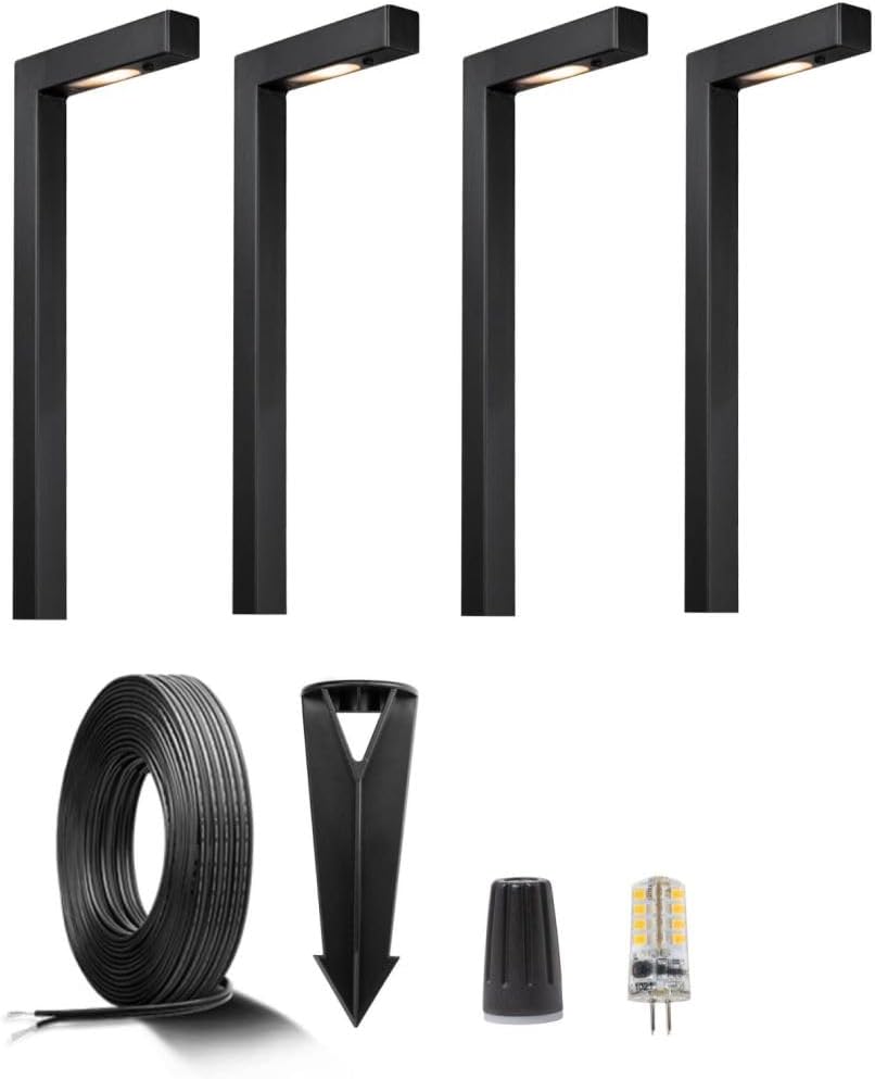 Gardenreet 12V Brass Landscape Black Path Lighting Kit (4 Pack Path Lights) with 100 Feet Cable and 20Pack Wire Connectors for Outdoor House Garden Patio Walkway Without Low Voltage Transformer