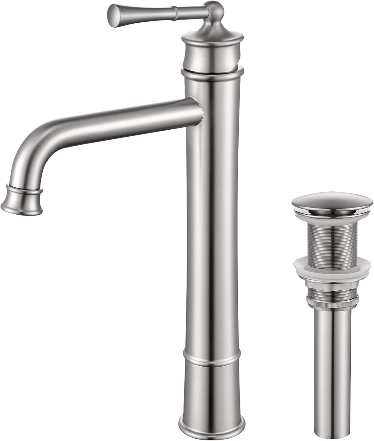 Tall Bathroom Faucet Brushed Nickel, Antique Design, Single Handle, 1 Hole Sink Mount, Pop Up Drain & Supply Lines Included, Ideal for Vessel, Vanity, Lavatory, RV, Farmhouse (L2302-BN)