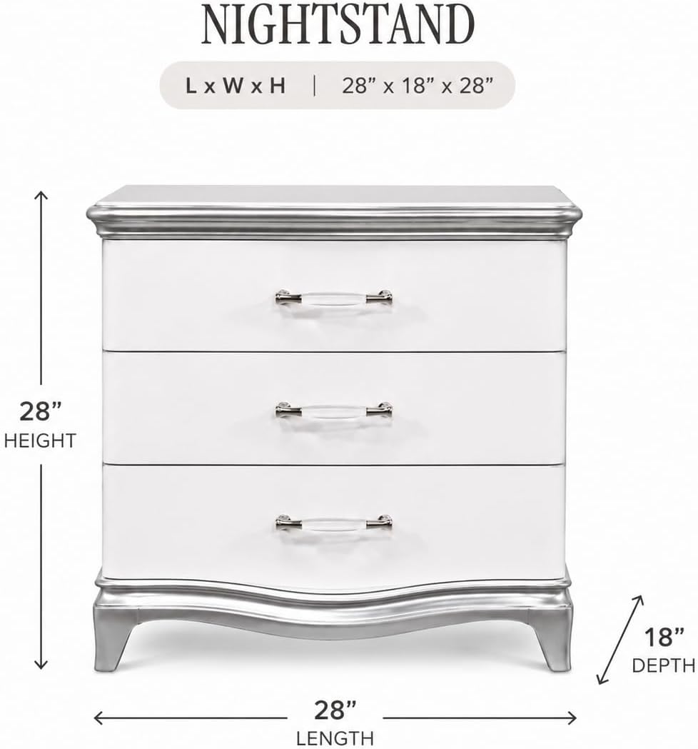First of a Kind Nightstand Traditional Wood Bedside Table Nina Collection White Silver Finish Classic European Design Curved Detailing Elegant Coordinated Furniture Piece
