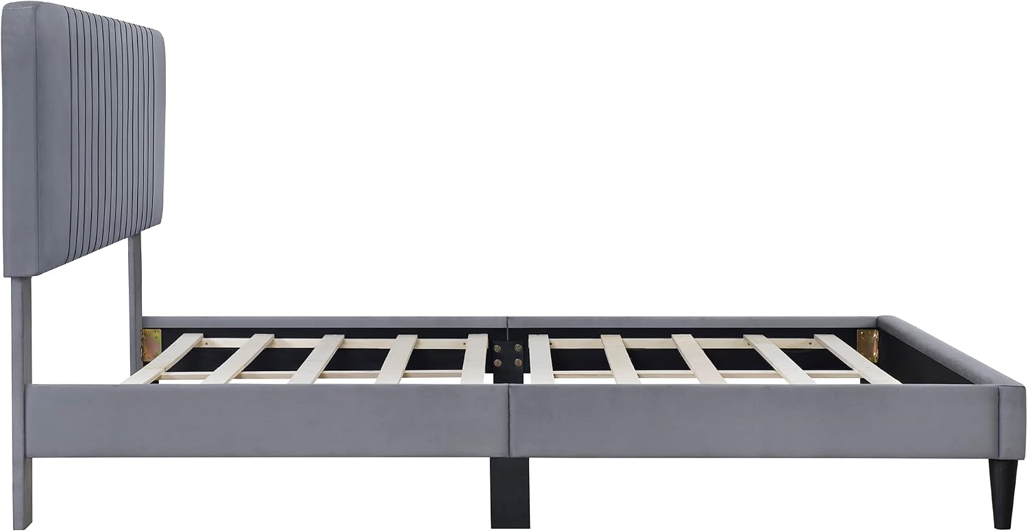 KLMM Modern Queen Size Upholstered Platform Bed, No Box Spring Needed, Velvet Fabric, Suitable for Bedroom Use, Easy to Assemble (Gray#G^)