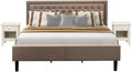 East West Furniture KD16K-2GA0C 3 Piece Wooden Bedroom Set-1 Modern Bed Frame Brown Linen Fabric Padded and Button Tufted Headboard with 2 Wire Brushed Butter Cream Finish Nightstand