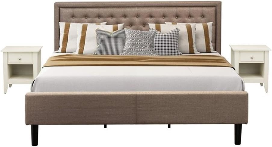 East West Furniture KD16K-2GA0C 3 Piece Wooden Bedroom Set-1 Modern Bed Frame Brown Linen Fabric Padded and Button Tufted Headboard with 2 Wire Brushed Butter Cream Finish Nightstand