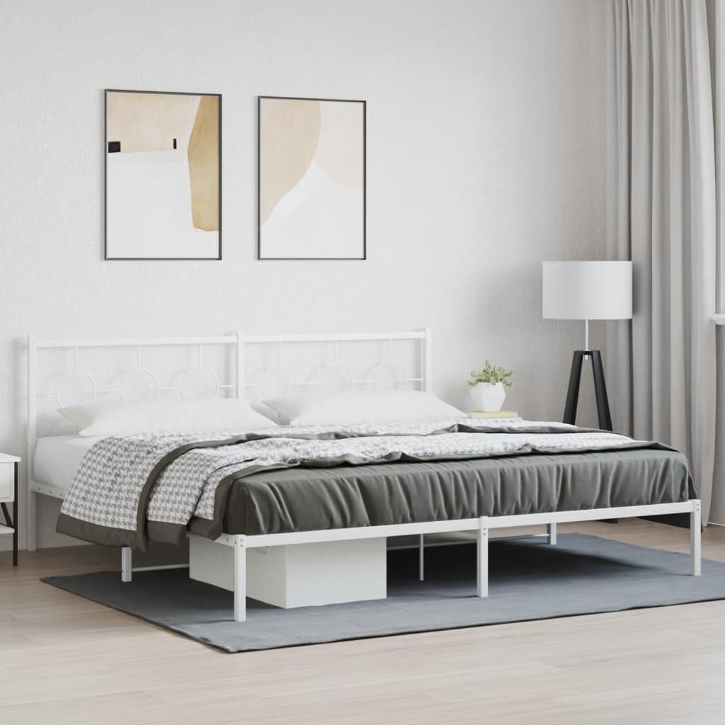 White Metal Bed Frame with Headboard King Size Platform Bed Frame with Underbed Storage Space Steel Construction Sturdy Bedframe for Bedroom Furniture