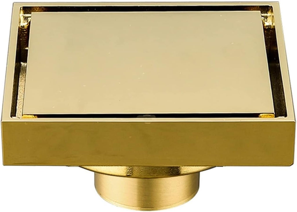 4 Inch Invisible Shower Floor Drain Brass Shower Drain with Tile Insert Grate Removable Cover Hair Catcher Strainer, Square Floor Drainer with Hair Strainer for Kitchen Washro,Gold