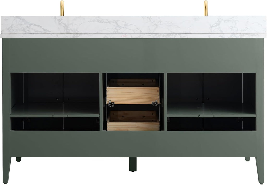 Vanity Art 60 inch Bathroom Vanity with Double Sink & Ceramic Top, Vanity Cabinet with Soft-Closing Doors, Drawers, Solid Wood Frame, Vintage Green, VA9060-DVG-BN1