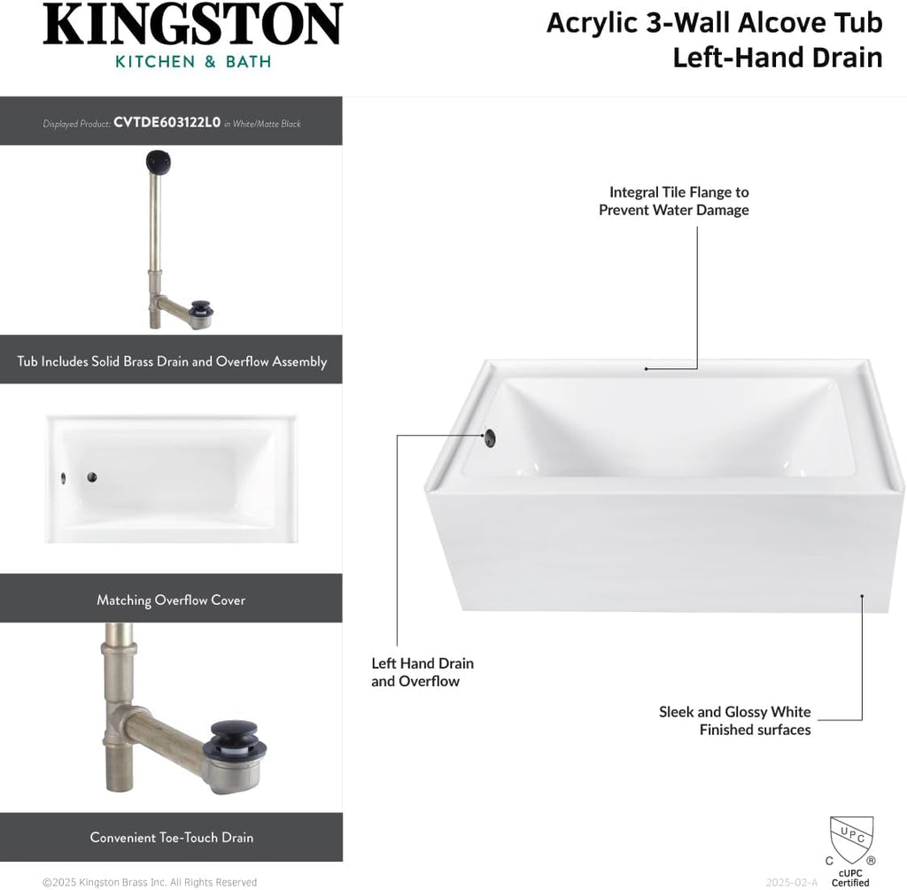 Aqua Eden CVTDE603122L5 60' Acrylic Rectangular 3-Wall Alcove Tub, Left Hand Drain, Glossy White/Oil Rubbed Bronze