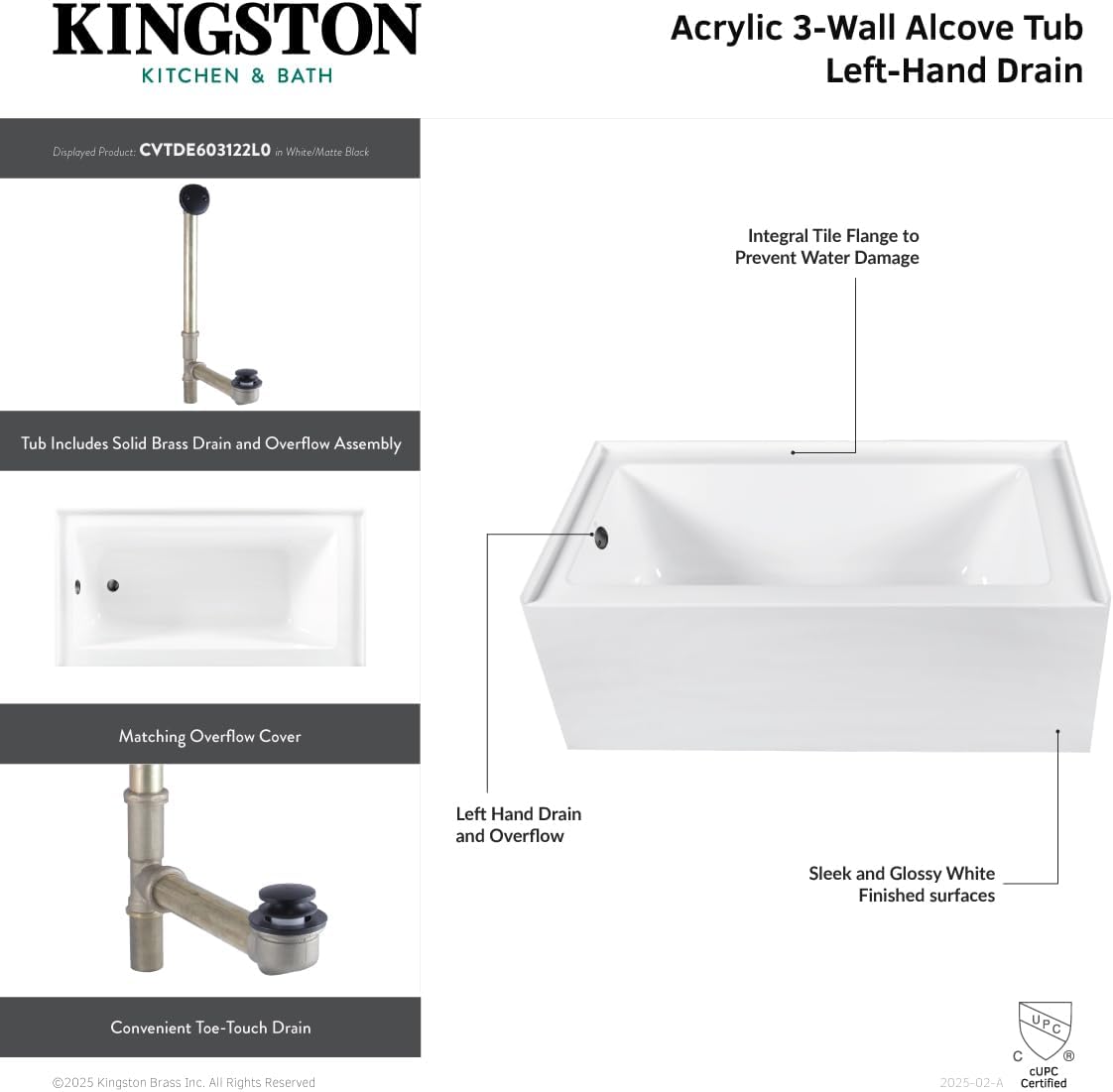 Aqua Eden CVTDE603122L1 60' Acrylic Rectangular 3-Wall Alcove Tub, Left Hand Drain, Glossy White/Polished Chrome