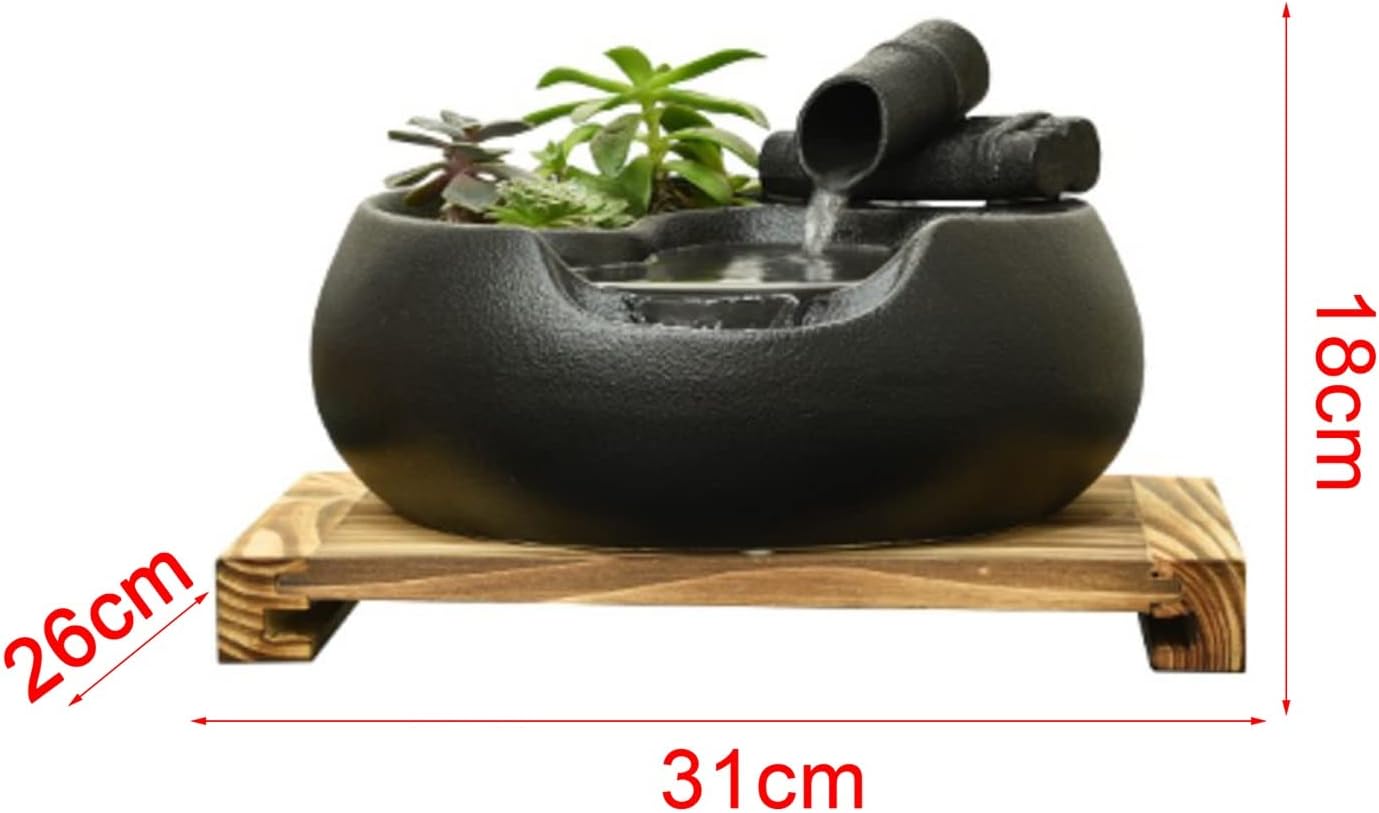 Tabletop Fountain Waterfall Ceramic Tabletop Fountain for Indoor and Outdoor Table Desk Office Patio Black Ceramic Fountain with Pumps and Wooden Base Indoor Waterfall Desktop Fountain (Color : A)