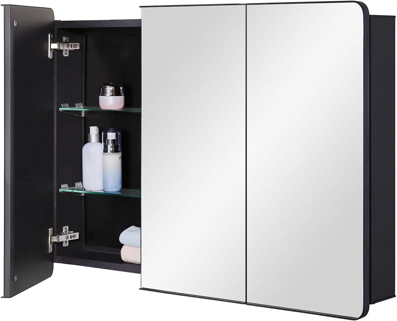 IDYLLOR Bathroom Mirror Medicine Cabinet with Round Corner Framed Door 36 x 26 inch, Black，Recessed or Surface Mount, with Adjustable Glass Shelves
