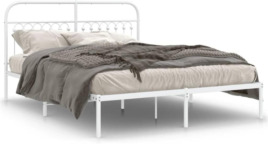 White Steel King Bed Frame Rectangular Traditional with Sturdy Metal Construction and Elegant Headboard for Bedroom Guest Room