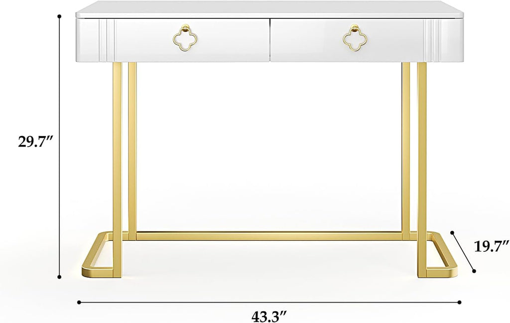 Tamworth Design White Vanity Desk with 2 Drawers, Gold and White Desk,Home Office Desk Modern Makeup Vanity Table, Entryway Console Table, Sofa Table (Deluxe Leg)