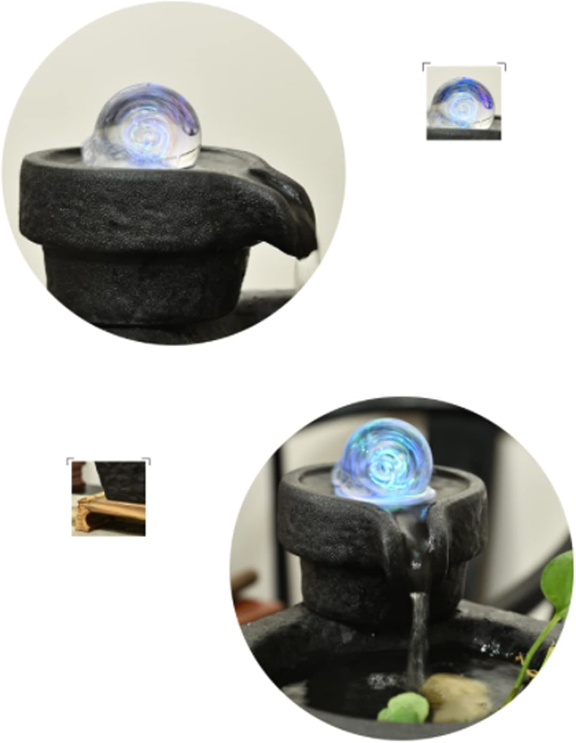 Desktop Fountain Ceramic Tabletop Fountain with Ball, Pump and Wooden Basefor Indoor Creative Flowing Water Table Desk Office and Home Decoration, Black