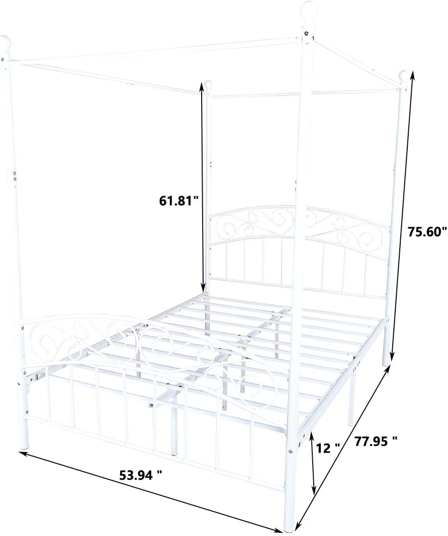 Metal Canopy Bed Frame Four-Poster Bed with Headboard & Footboard Mattress Foundation Sturdy Slatted Structure No Box Spring Needed Easy Assembly,Full White