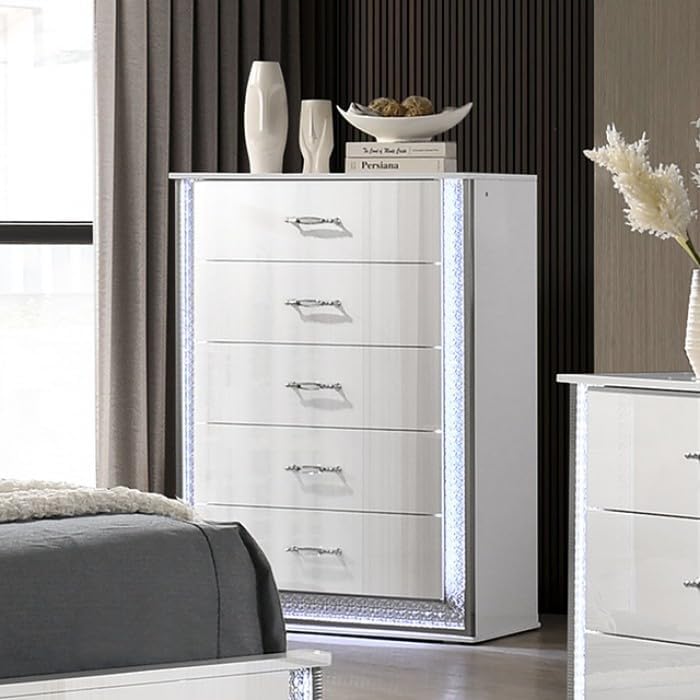 MASARA 6-Piece Glam White Bedroom Set with High-Gloss Finish, Engineered Wood, Crystal Effect Zinc Alloy Trim (King)