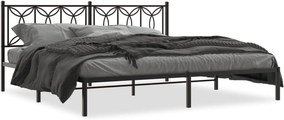 King Bed Frame Steel Platform Bed with Headboard Black 76'x79.9' Heavy Duty Metal Bedframe Underbed Storage Space for Bedroom