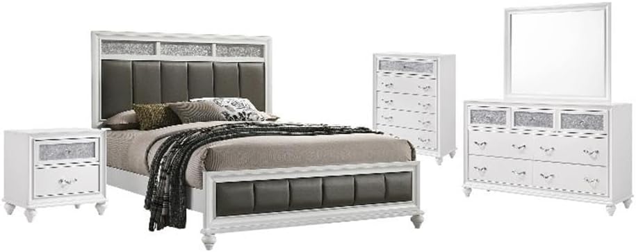 Pemberly Row 5-Piece Eastern King Wood Bedroom Set, White Finish with Gray Faux Leather Upholstery, Panel Bed, Nightstand, Dresser, Mirror, Chest, Glam Style for Transitional Bedroom Decor