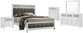 Pemberly Row 5-Piece Eastern King Wood Bedroom Set, White Finish with Gray Faux Leather Upholstery, Panel Bed, Nightstand, Dresser, Mirror, Chest, Glam Style for Transitional Bedroom Decor