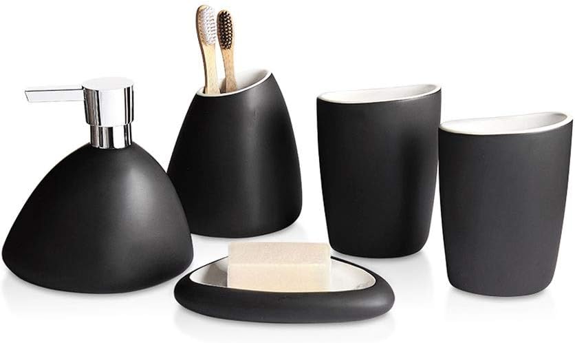 Kitchen Soap Dispenser 5-Piece Ceramic Bathroom Soap Toothbrush Holder Soap Dispenser Household Soap Bathroom Accessories Countertop Soap Dispensers (Color : Black)