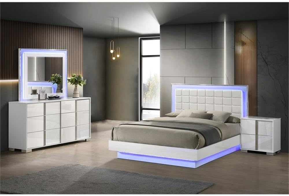Best Quality Furniture White Wood Lacquer Platform Queen Size Bedroom Set with Blue LED Lighting