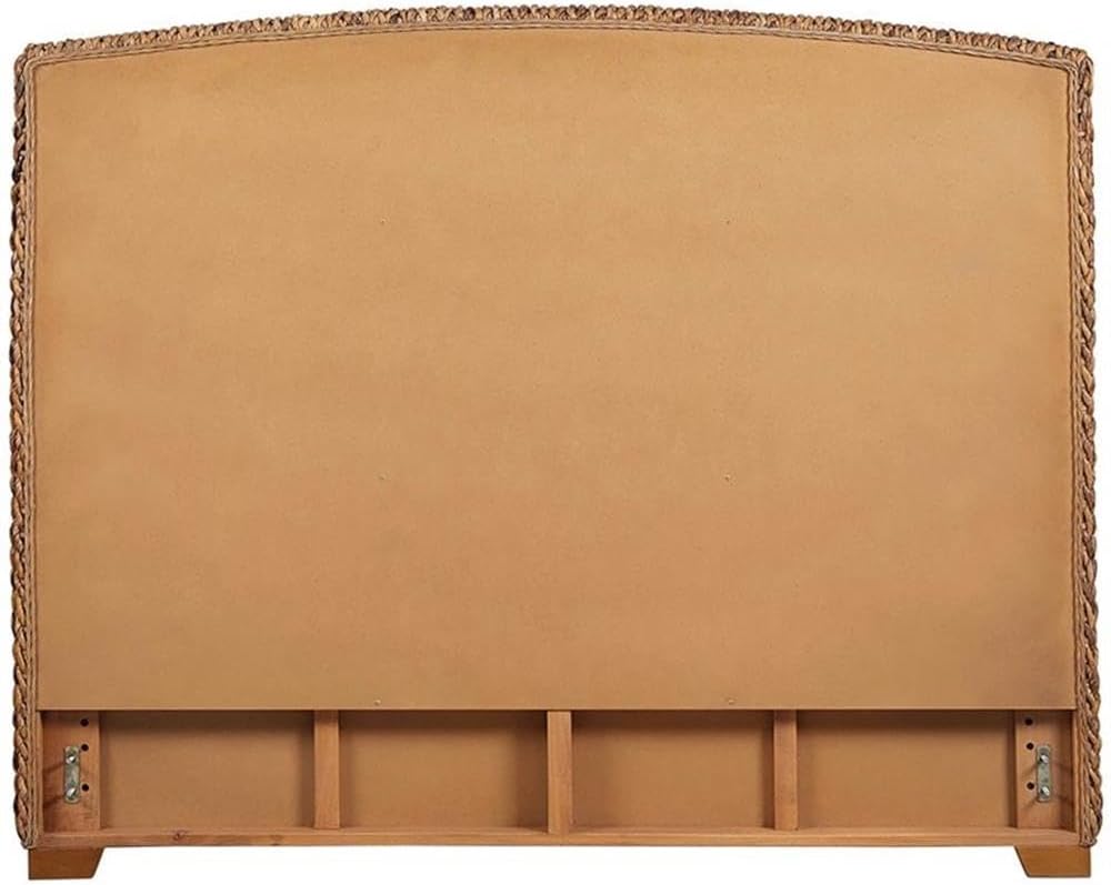 BOWERY HILL Farmhouse Wood Queen Panel Bed, Amber Brown and Honey Finish, Banana Leaf Upholstered Mahogany Frame, Solid Mahogany Legs, Tropical Style Bedroom Furniture, 55 in H x 67 in W x 88.25 in D