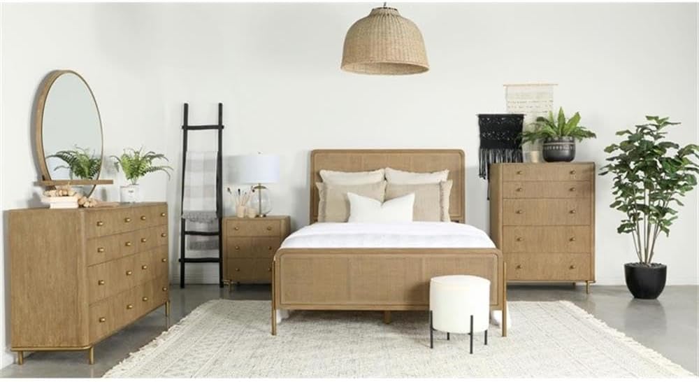 Pemberly Row 5-Piece Eastern King Bedroom Set, Sand Wash Finish, Wood and Natural Cane, Includes Bed, Nightstand, Dresser, Mirror, Chest, Mid-Century Modern Style, USB Ports, Jewelry Tray