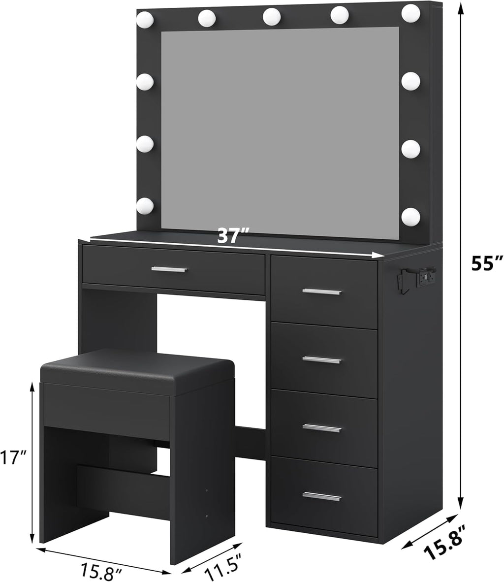 FUSOU Vanity Desk with Power Outlet, 37''W Make Up Vanity with Lighting Mirror, 3 Lighting Modes Adjustable, 5 Drawers Dressing Table for Bedroom, Dressing Room, Live Broadcast Room, Black