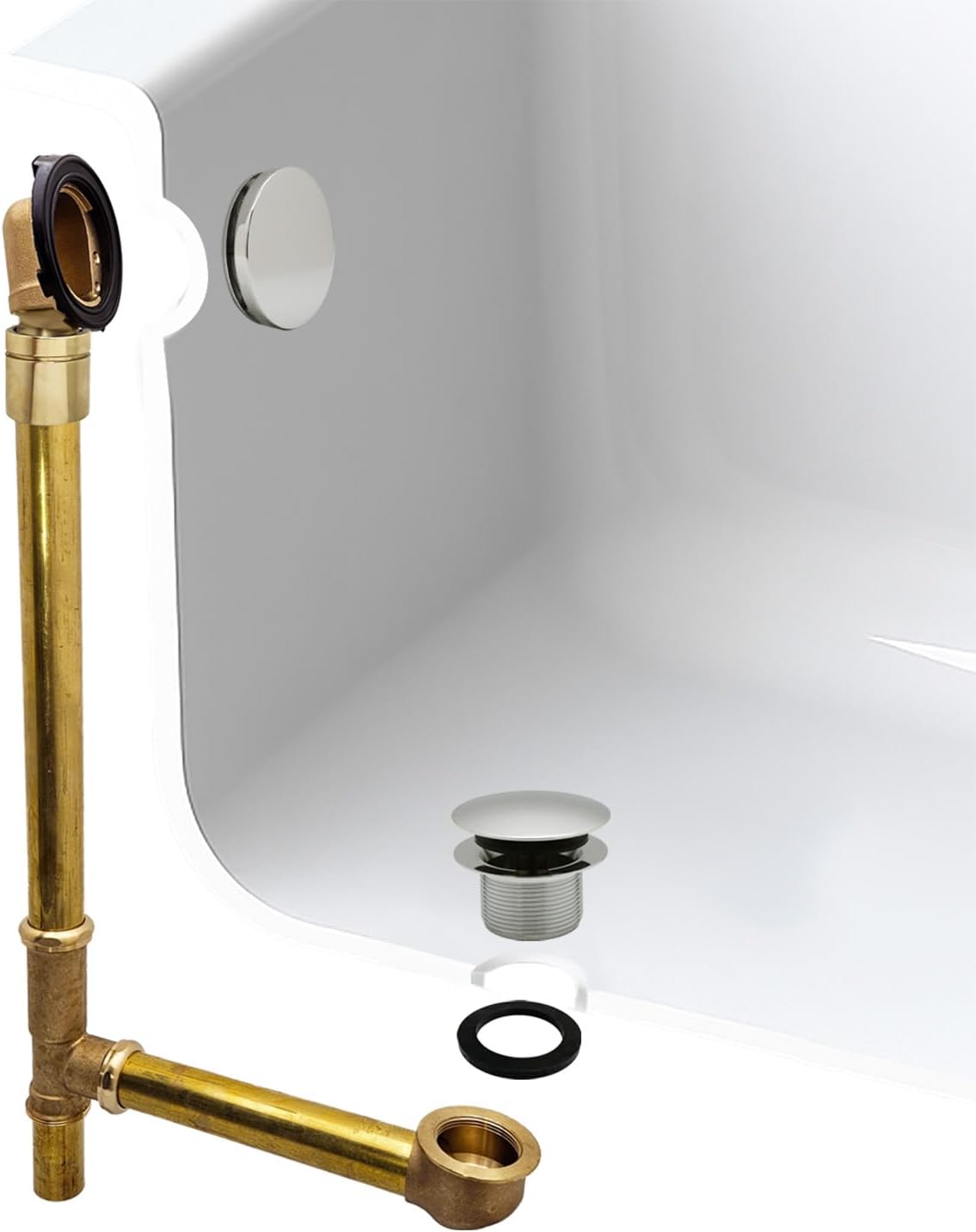 Westbrass A326HBJ-05 25' Brass Bath Waste & Overflow Assembly with European Tip-Toe Drain Plug and Illusionary Faceplate, Polished Nickel