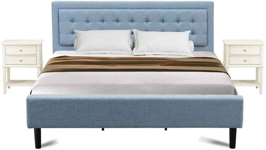 East West Furniture FN11K-2VL0C 3-Piece Platform Bed Set with 1 Modern Bed and 2 Bedroom Nightstands - Reliable and Sturdy Manufacturing - Denim Blue Linen Fabric