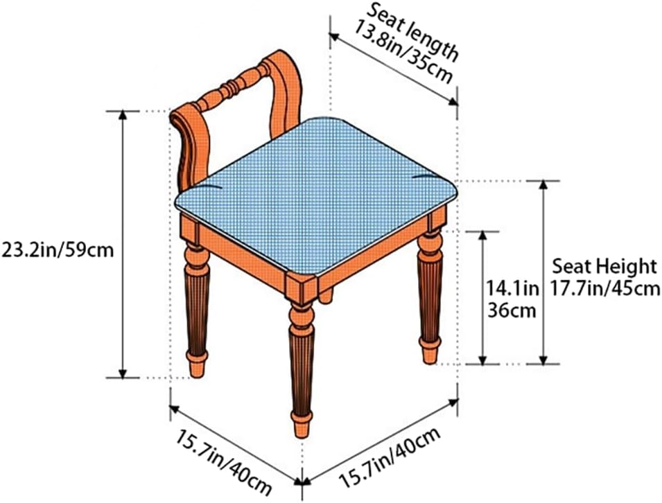 Low Back Vanity Bench Stool with Padded Cushion, Leather Retro Makeup Stool, Solid Wood Carving Legs, Piano Bench for Makeup Room, Bedroom, Living Room (White + Blue)