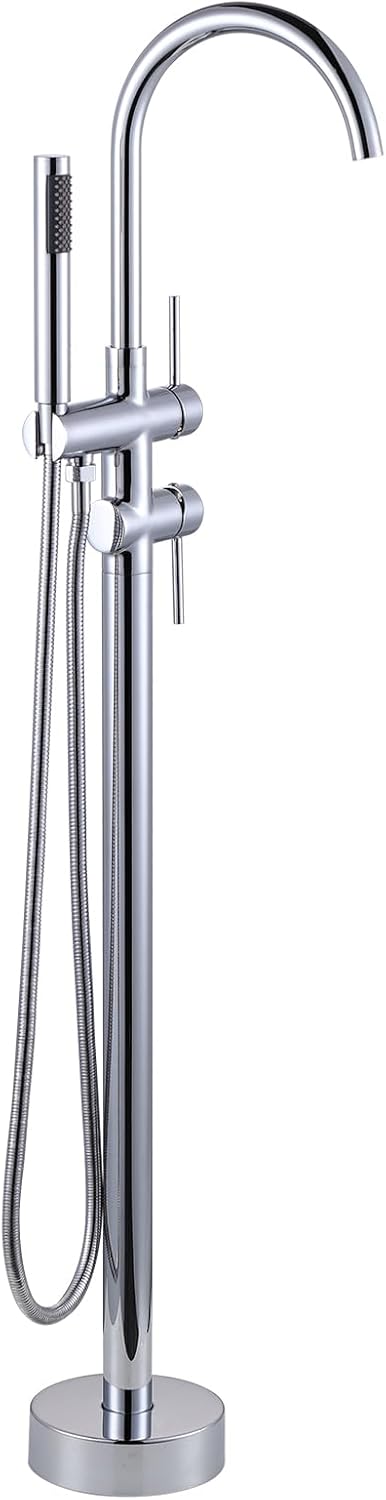 Freestanding Tub Filler Faucet Chrome: High Flow Brass Floor Mount Bathtub Filler, Swivel Gooseneck Spout with Single Handheld Sprayer for Bath Shower